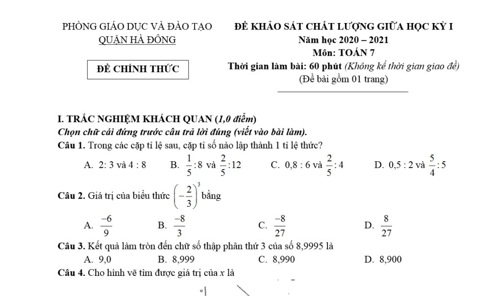 Toán 7: Đề khảo sát chất lượng giữa học kỳ 1 của phòng Giáo duc và Đào tạo quận Hà Đông năm học 2020-2021
